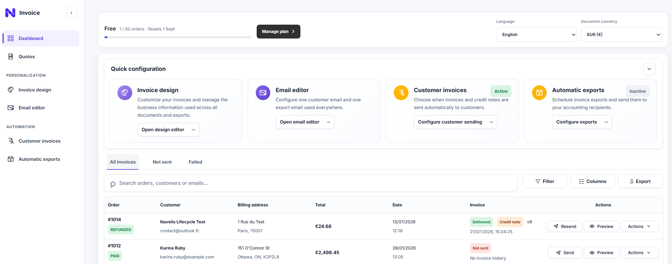 Navelis Invoice order dashboard