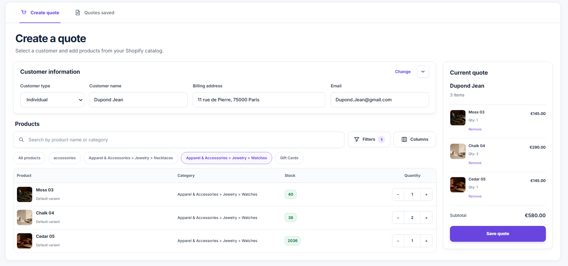 Navelis Invoice quote builder using Shopify products